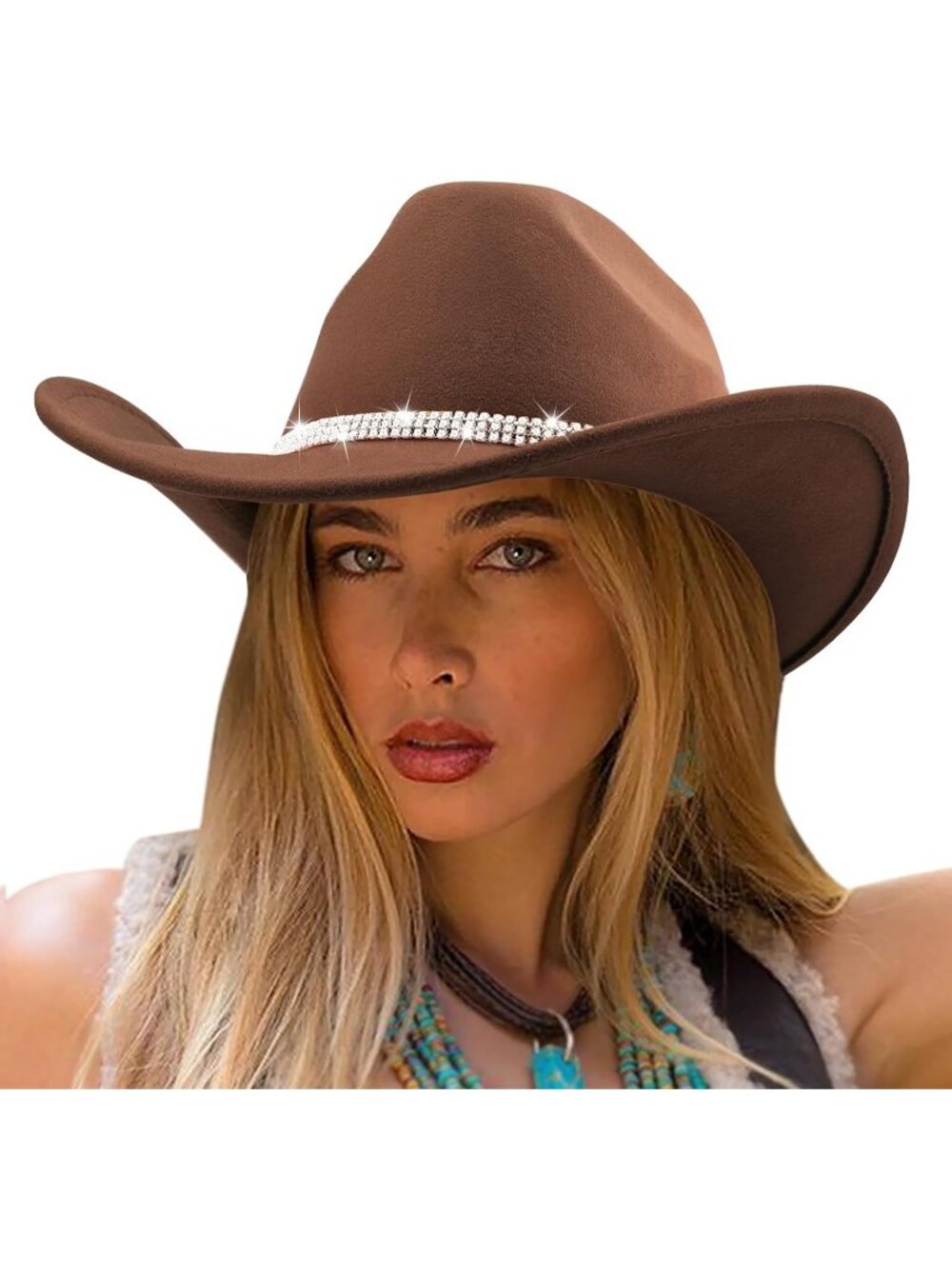 Women's Dark Coffee Glitter Rhinestone Wide Brim Felt Cowboy Western Cowgirl Hat